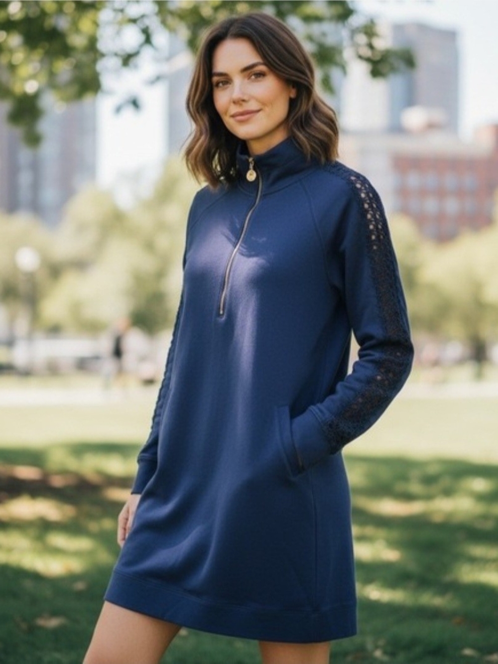 Lilly Pulitzer Navy Lace-Sleeve Quarter-Zip Mini Dress